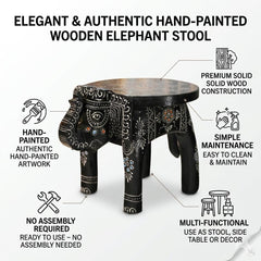 Hand Painted Elephant Side Table, Carved Wooden Boho Decor, Rajasthani Folk Art Plant Stand, Indian Accent Table, Black