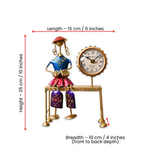 Handmade Metal Lady Musician Clock | Folk Art Boho Desk Decor, Blue Finish