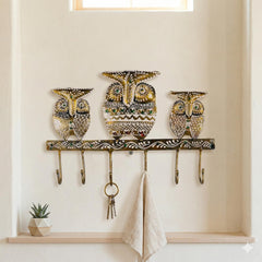 Owl Key Holder | Handmade Indian Folk Art Wall Decor, Boho Organizer