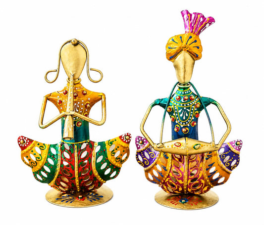 Set of 2 Indian Rajasthani Musician Figurines | Hand-Painted Metal Folk Art Sculpture