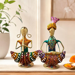 Set of 2 Indian Rajasthani Musician Figurines | Hand-Painted Metal Folk Art Sculpture