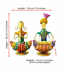 Set of 2 Indian Rajasthani Musician Figurines | Hand-Painted Metal Folk Art Sculpture