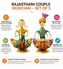 Set of 2 Indian Rajasthani Musician Figurines | Hand-Painted Metal Folk Art Sculpture