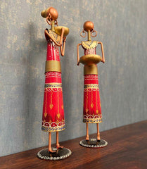 Set of 2 Tribal Women Iron Tealight Holders, Rajasthani Folk Decor, Red Ethnic Figurines