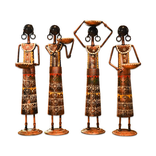 Set of 4 Tribal Women Iron Tealight Holders, Rajasthani Folk Decor, Black Ethnic Figurines