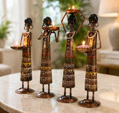 Set of 4 Tribal Women Iron Tealight Holders, Rajasthani Folk Decor, Black Ethnic Figurines
