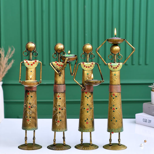 Set of 4 Handcrafted Tribal Women Iron Tealight Holders, Rajasthani Folk Decor