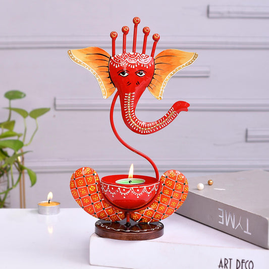 Hand Painted Metal Ganesh Tealight Holder, Orange Decorative Showpiece, Diwali Home Decor