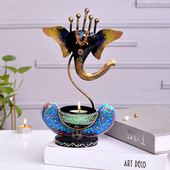Hand Painted Metal Ganesh Tealight Holder, Black Blue Decorative Showpiece