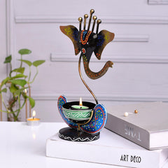 Hand Painted Metal Ganesh Tealight Holder, Black Blue Decorative Showpiece