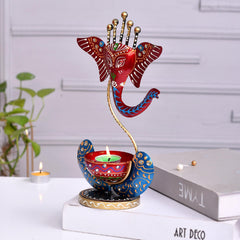 Hand Painted Metal Ganesh Tealight Holder, Red Blue Decorative Showpiece