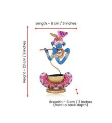 Hand Painted Metal Krishna Tealight Holder, Blue Decorative Showpiece