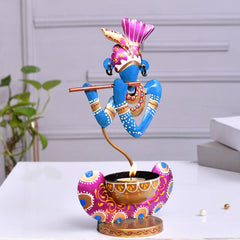 Hand Painted Metal Krishna Tealight Holder, Blue Decorative Showpiece