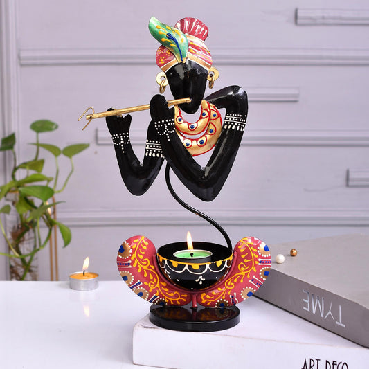 Hand Painted Metal Krishna Tealight Holder, Black Decorative Showpiece