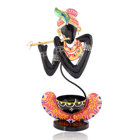 Hand Painted Metal Krishna Tealight Holder, Black Decorative Showpiece