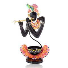 Hand Painted Metal Krishna Tealight Holder, Black Decorative Showpiece