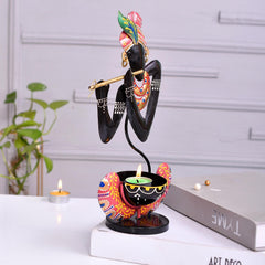 Hand Painted Metal Krishna Tealight Holder, Black Decorative Showpiece
