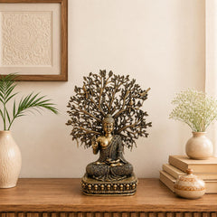 Brass Buddha Statue with Bodhi Tree | Meditating Idol Antique Finish Zen Decor