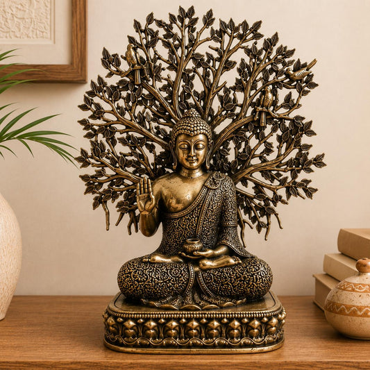 Brass Buddha Statue with Bodhi Tree | Meditating Idol Antique Finish Zen Decor