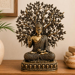 Brass Buddha Statue with Bodhi Tree | Meditating Idol Antique Finish Zen Decor