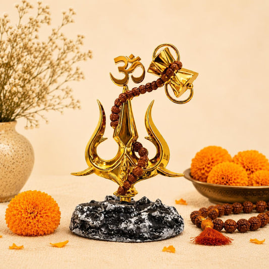 Golden Trishul Om Damru Idol, Shiva Hindu Symbol, Sacred Trident Figurine, Spiritual Decor, Mahadev Gift