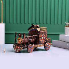 Handcrafted Metal Train Pen Holder | Antique Desk Organizer, Handpainted Office Decor