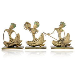 Indian Musician Figurine Set of 3, Cast Iron Folk Art Statue, Tribal Antique Decor, Boho Shelf Accent, Ethnic Home Decor, Housewarming Gift