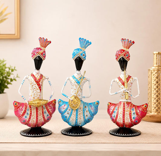 Handcrafted Rajasthani Musician Figurines | Indian Folk Art Decor, White Finish