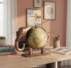 Metal Elephant Globe Showpiece | Decorative Tabletop Decor for Living Room, Office Desk
