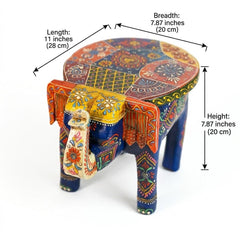 Hand Painted Elephant Side Table, Carved Wooden Boho Decor, Rajasthani Folk Art Plant Stand, Indian Accent Table, Blue