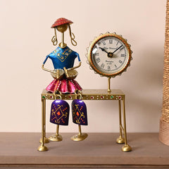 Handmade Metal Lady Musician Clock | Folk Art Boho Desk Decor, Blue Finish