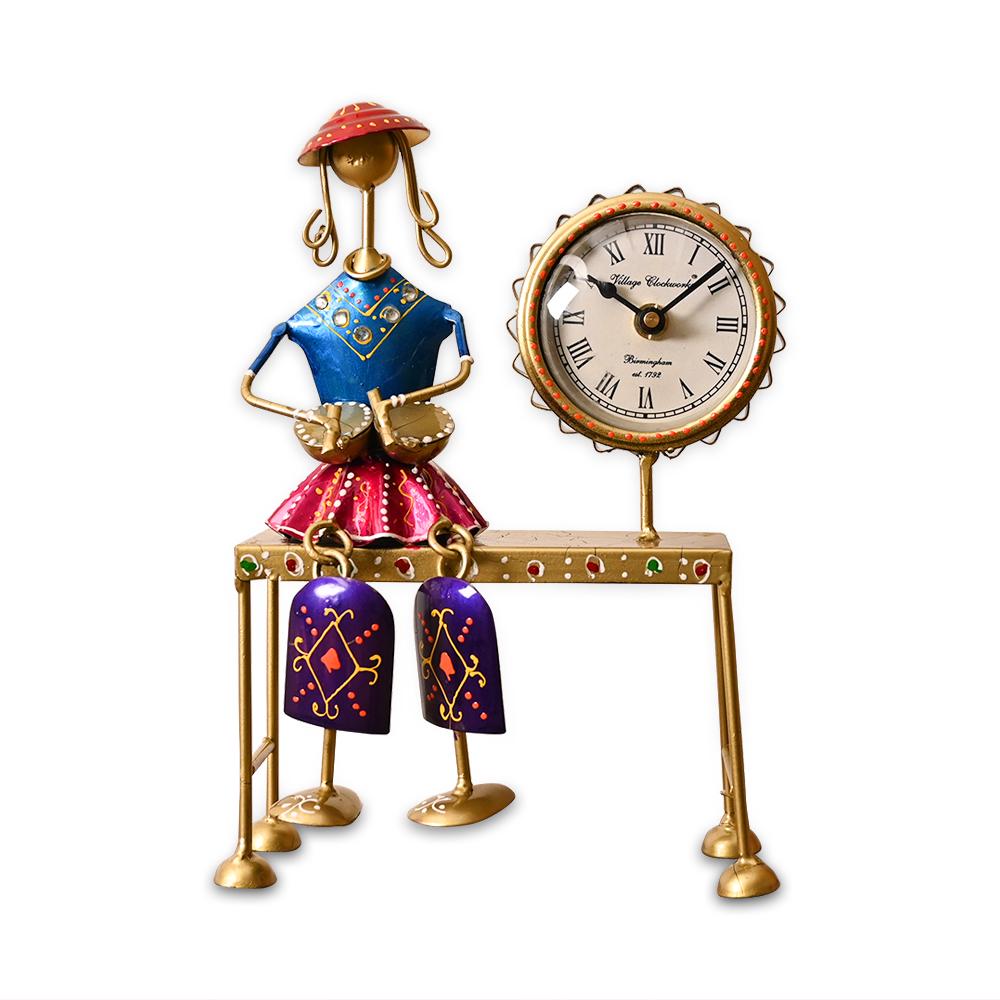 Handmade Metal Lady Musician Clock | Folk Art Boho Desk Decor, Blue Finish