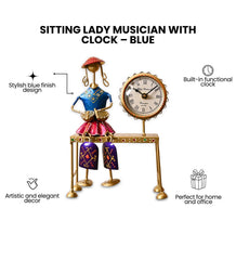 Handmade Metal Lady Musician Clock | Folk Art Boho Desk Decor, Blue Finish