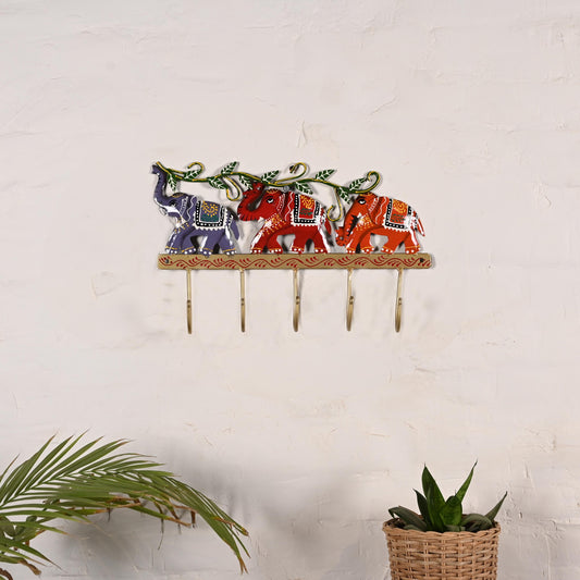 Elephant Key Holder | Handmade Indian Folk Art Wall Decor, Boho Organizer