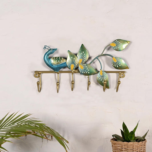 Peacock Key Holder | Handmade Indian Folk Art Wall Decor, Boho Organizer