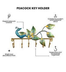 Peacock Key Holder | Handmade Indian Folk Art Wall Decor, Boho Organizer