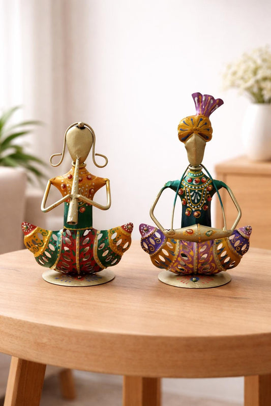 Set of 2 Indian Rajasthani Musician Figurines | Hand-Painted Metal Folk Art Sculpture