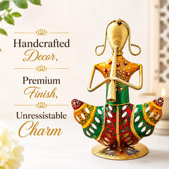 Set of 2 Indian Rajasthani Musician Figurines | Hand-Painted Metal Folk Art Sculpture