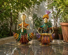 Set of 2 Indian Rajasthani Musician Figurines | Hand-Painted Metal Folk Art Sculpture