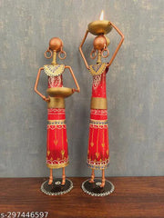 Set of 2 Tribal Women Iron Tealight Holders, Rajasthani Folk Decor, Red Ethnic Figurines