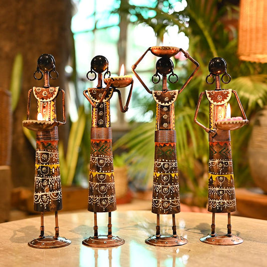 Set of 4 Tribal Women Iron Tealight Holders, Rajasthani Folk Decor, Black Ethnic Figurines