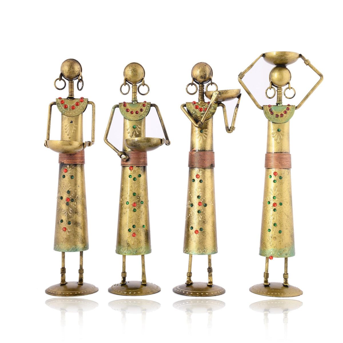 Set of 4 Handcrafted Tribal Women Iron Tealight Holders, Rajasthani Folk Decor