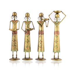 Set of 4 Handcrafted Tribal Women Iron Tealight Holders, Rajasthani Folk Decor