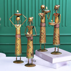 Set of 4 Handcrafted Tribal Women Iron Tealight Holders, Rajasthani Folk Decor