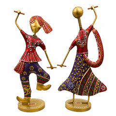 Handcrafted Metal Dandiya Couple Showpiece | Folk Art Dancing Figurines, Home Decor