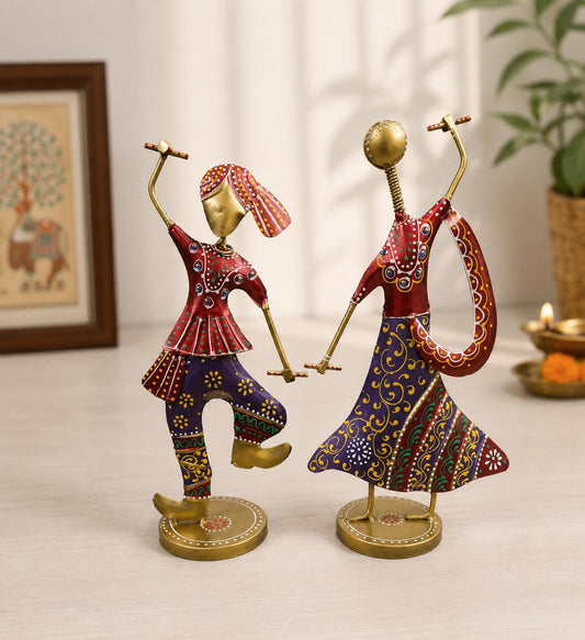 Handcrafted Metal Dandiya Couple Showpiece | Folk Art Dancing Figurines, Home Decor