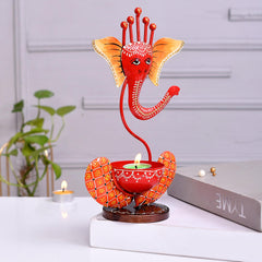 Hand Painted Metal Ganesh Tealight Holder, Orange Decorative Showpiece, Diwali Home Decor