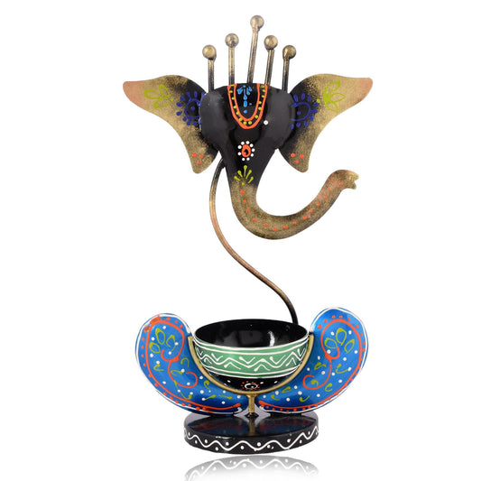 Hand Painted Metal Ganesh Tealight Holder, Black Blue Decorative Showpiece