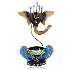 Hand Painted Metal Ganesh Tealight Holder, Black Blue Decorative Showpiece