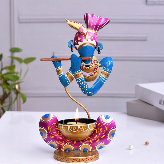 Hand Painted Metal Krishna Tealight Holder, Blue Decorative Showpiece